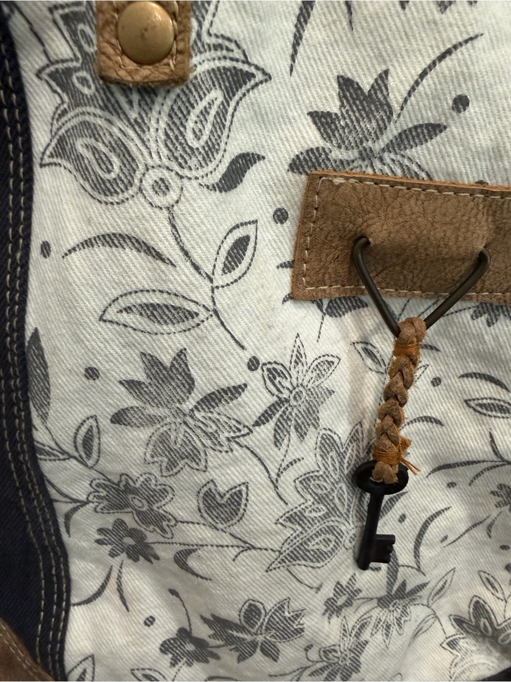 Myra Bag Black and White Floral Canvas Tote with Brown Accents - Picture 4 of 13